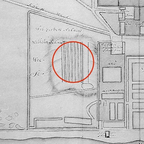 Kort over Østerbro 1728. Formenligt det ældste kort over bydelen. Forsvarets arkiver detalje